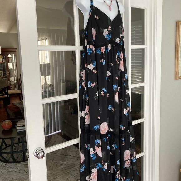 Torrid Black Pink Floral Slip Strap Ruffled Hem Maxi Dress  3 - Picture 7 of 16